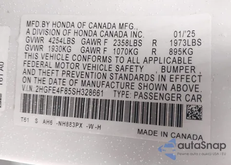2025 Honda Civic Hybrid Sport/Sport Touring from USA, damaged, VIN 2HGFE4F85SH328661